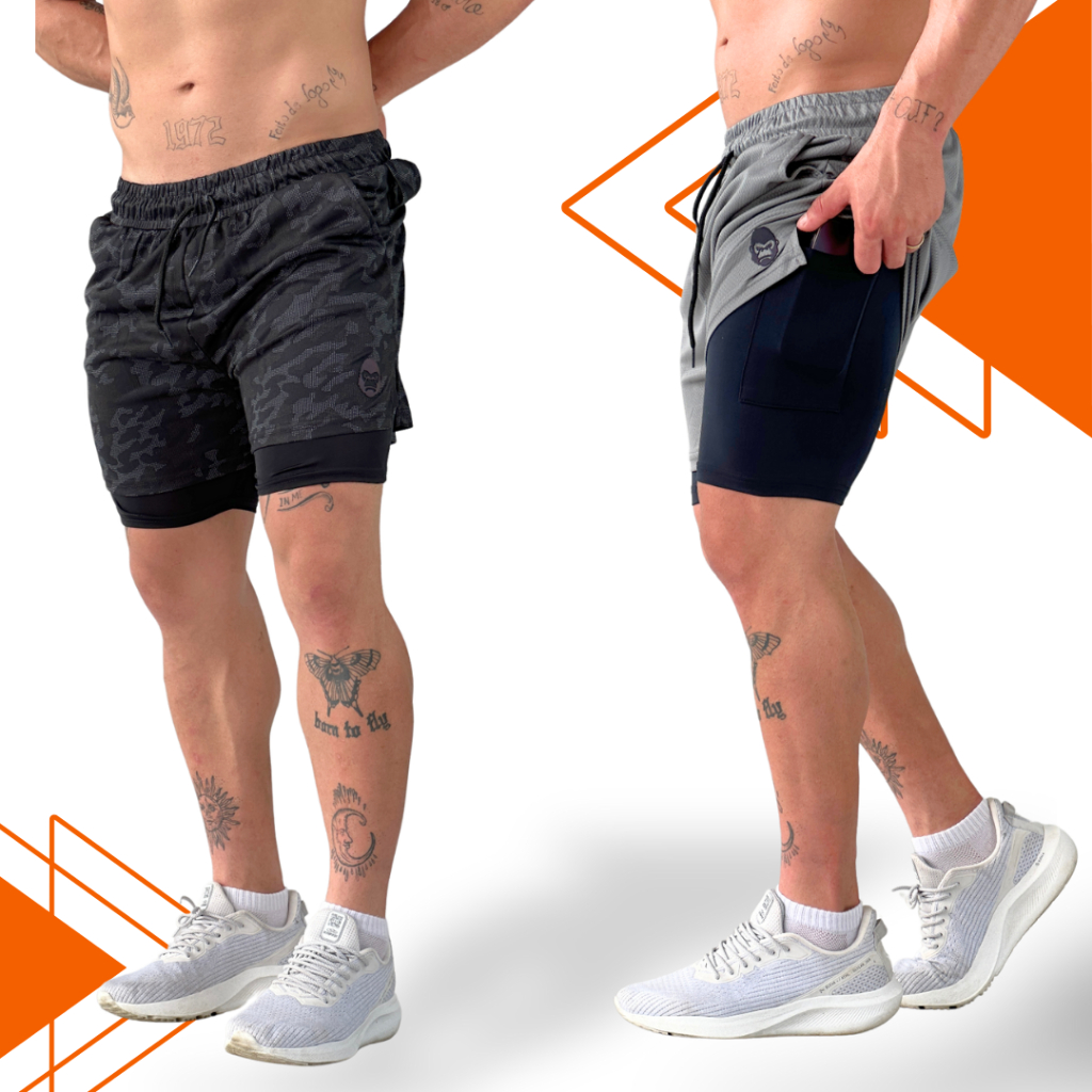 Kit 2 Shorts Masculino Kong 2 em 1 com Compressão, Bolso para Celular e Tecido Dry Fit