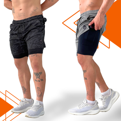 Kit 2 Shorts Masculino Kong 2 em 1 com Compressão, Bolso para Celular e Tecido Dry Fit