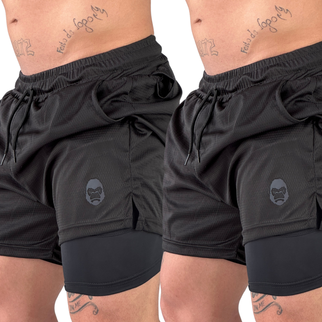 Kit 2 Shorts Masculino Kong 2 em 1 com Compressão, Bolso para Celular e Tecido Dry Fit