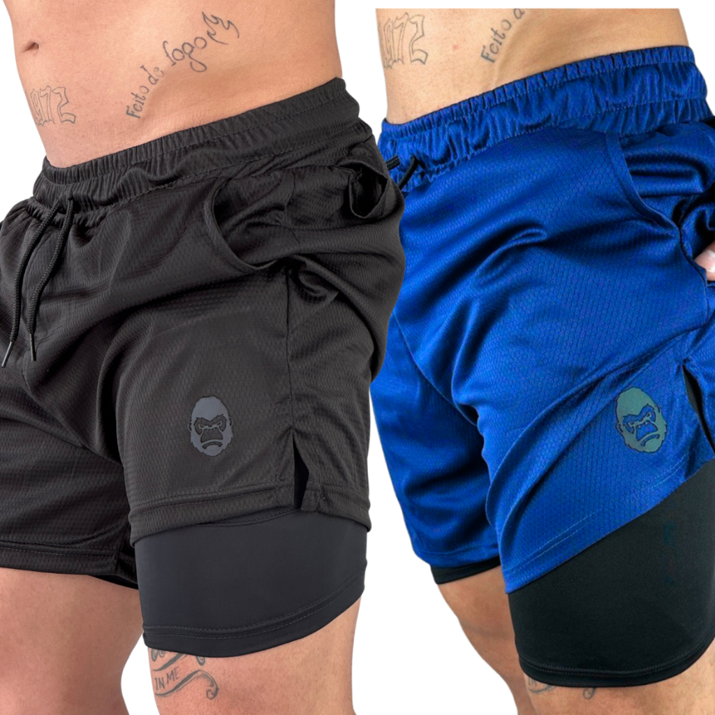 Kit 2 Shorts Masculino Kong 2 em 1 com Compressão, Bolso para Celular e Tecido Dry Fit