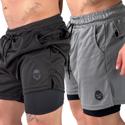 Kit 2 Shorts Masculino Kong 2 em 1 com Compressão, Bolso para Celular e Tecido Dry Fit