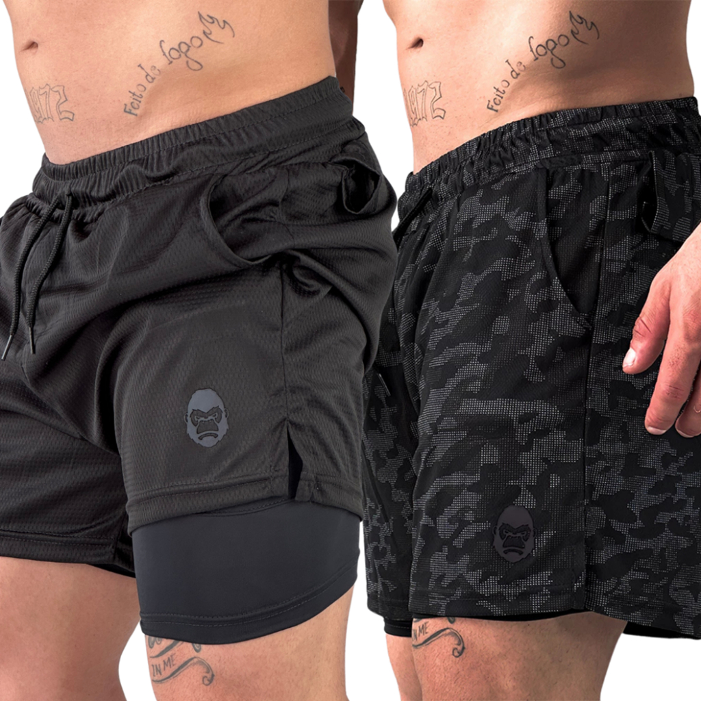 Kit 2 Shorts Masculino Kong 2 em 1 com Compressão, Bolso para Celular e Tecido Dry Fit