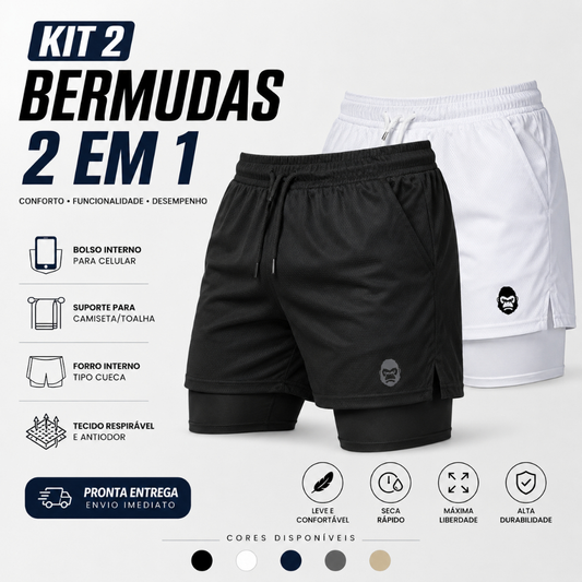 Kit 2 Shorts Masculino Kong 2 em 1 com Compressão, Bolso para Celular e Tecido Dry Fit